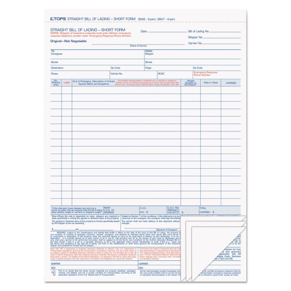Bill of Lading, Four-Part Carbonless, 8.5 x 11, 50 Forms Total Online Sale