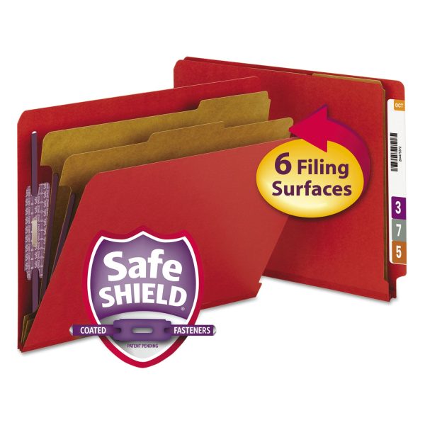 End Tab Pressboard Classification Folders, Six SafeSHIELD Fasteners, 2  Expansion, 2 Dividers, Letter Size, Bright Red, 10 BX Sale
